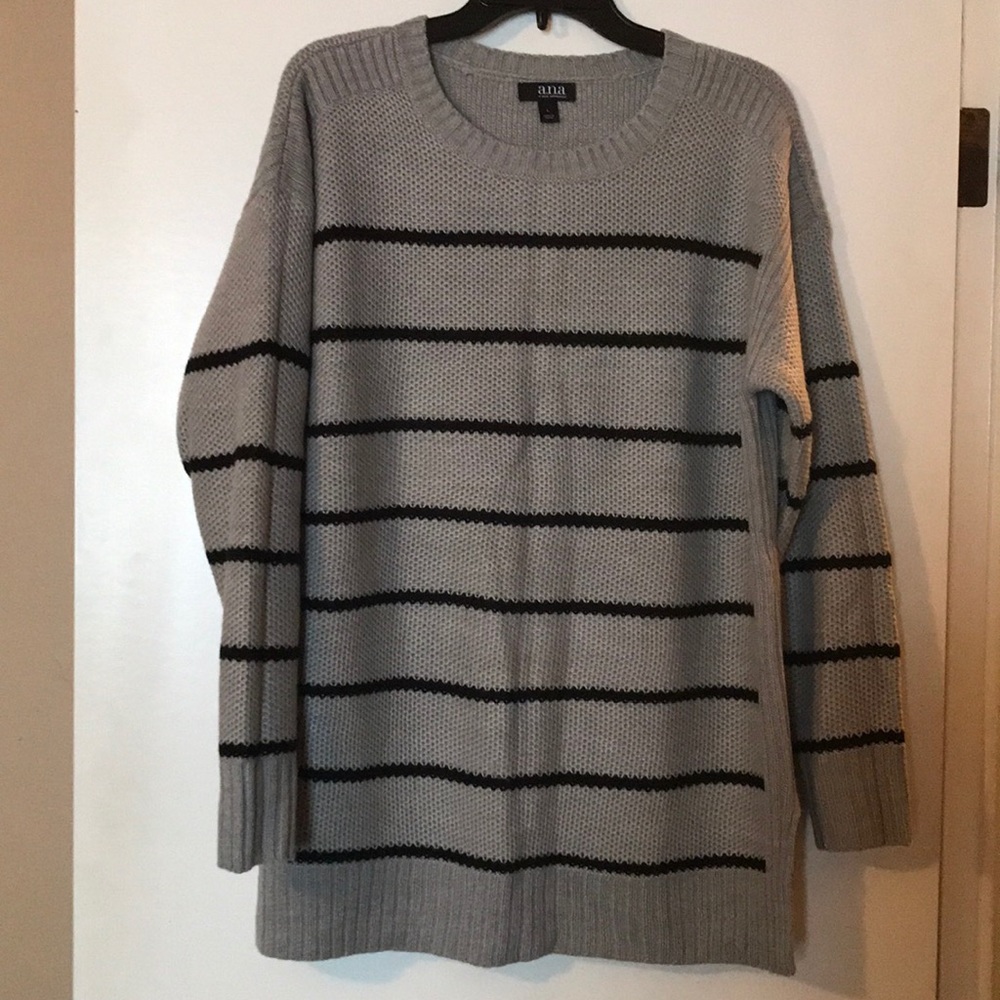Gray with black striped sweater.